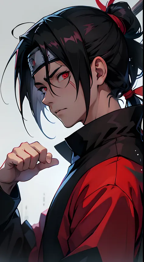 1man with a black hair and red eyes, itachi uchiha, itachi, akatsuki akira, sasuke uchiha, madara uchiha, yuyushiki, from naruto, inspired by Chen Jiru, sherigan eyes,midjourney art,detailed face,wearing akatsuki dress,hes very menacing and evil,naruto ani...