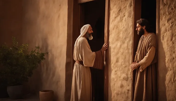 Two disciples of Jesus knocking on the door of a simple house in the city in Judea. Characters from the Bible