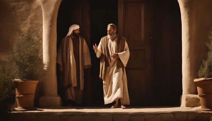 Two disciples of Jesus knocking on the door of a simple house in the city in Judea. Characters from the Bible