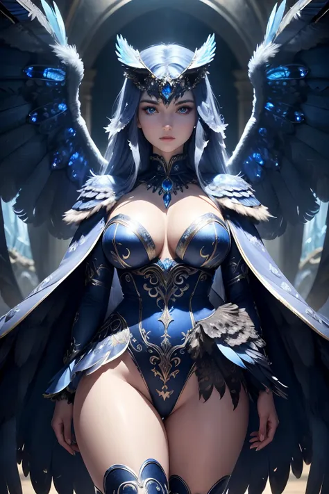 a live giant owl made out of deep blue sapphire gems, electric blue eyes, silver accents on the wings and tail, majestic, confident, vivid colors, Hyper-detailed, lustruous, Cinematic Lighting, intricate details, 8K