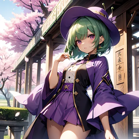 top-quality、extremely delicate and beautiful、(A teenage girl)、Purple Eye、Green hair、short-haired、(Purple pointy hat)、Purple tie、Soio、shortsleeves、Purple skirt、Purple Wizard Robe、Navel、is standing、Cherry blossoms on background