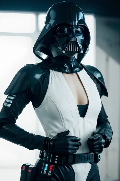 ((stana katic as darth vader in starwars, starwars movie scene, wearing sexy darth vader armor, walking, stormtrooper escort beh...