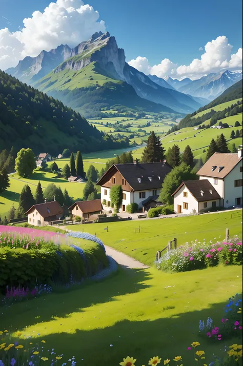 Peaceful and idyllic countryside, Rolling green hills dotted with grazing sheep, Charming villa，Set amidst vibrant flowers, Clear blue sky overhead, Evokes a sense of peace and simplicity, Valle encantador, switzerland, patches of green fields, lush countr...