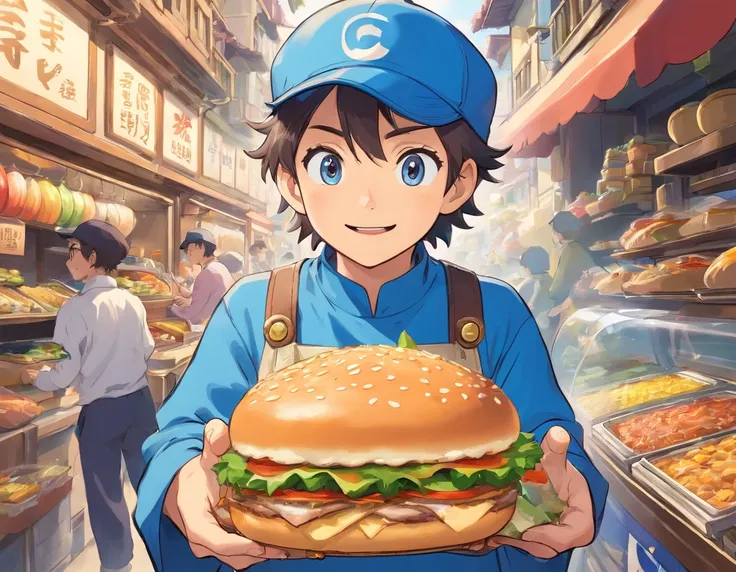 Logo-style illustration、Uber Eats Delivery Man、American comic、animesque、comics、comic strip、gag、Image Character、Unification of characters、Mascot character、humor、Blue bird hat