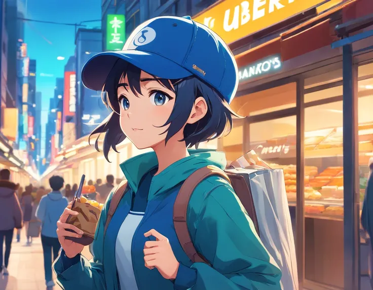 Logo-style illustration、Uber Eats Delivery Man、American comic、animesque、comics、comic strip、gag、Image Character、Unification of characters、Mascot character、humor、Blue bird hat