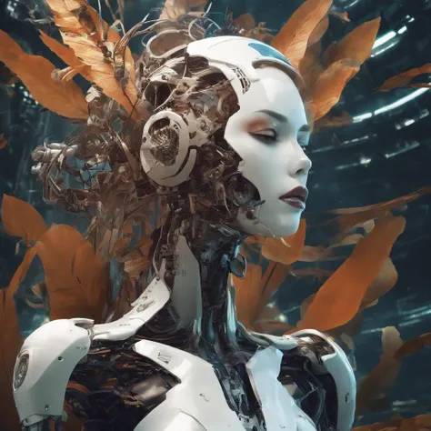 gorgeous botanical cyborg with dry flowers growing out of the body parts,  big leaves and stems, roots, fine foliage lace from within, rustic:1.3 ,biomechanical  ((cyborg:1.3))automata, android, bokah diadem, damaged suit, dameged head, cracked glass, scra...