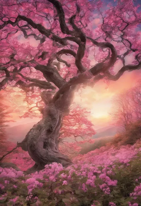 Ein erstaunlicher rosa Baum auf einem Felsen am Strand, im Stil der realistischen Darstellung von Licht, Durchgang, Vom Glauben inspirierte Kunst, Abandoned rooms, Lichtdurchflutete Szenen, Immersive Umgebungen, Blumen- und Naturmotive --AR 14:25