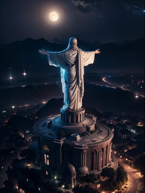 Christ the Redeemer, beauty of redeemer,night view, beautiful full moon, shinny stars in the sky, realistic, Unreal engine 5 effects, masterpiece, best quality, hyperHD, 24K UHD