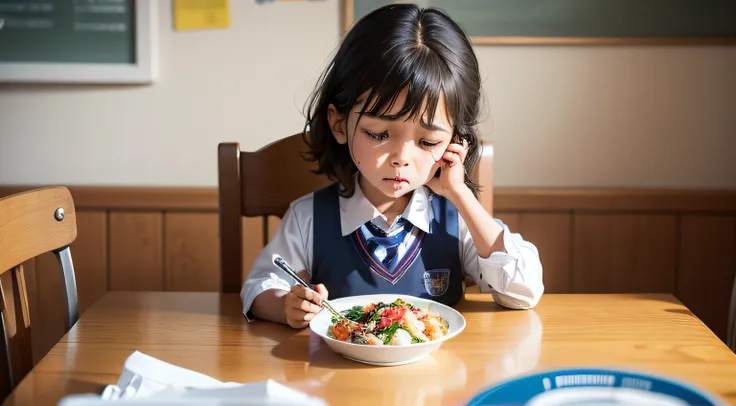 Meals were laid out at a dining table，A four- or five-year-old child in a blue and white school uniform sits at the dining table crying