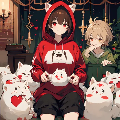 undertale，chara，solo person，Lone wolf，shadowy，Grinning，red - eyed，Sick，morden，Cold-blooded killer，There are large red round spots on both cheeks，Standing in the shadows，Green hood，With a hood，Green sweater，brown shorts，daggers，stocklings，Full body standing...