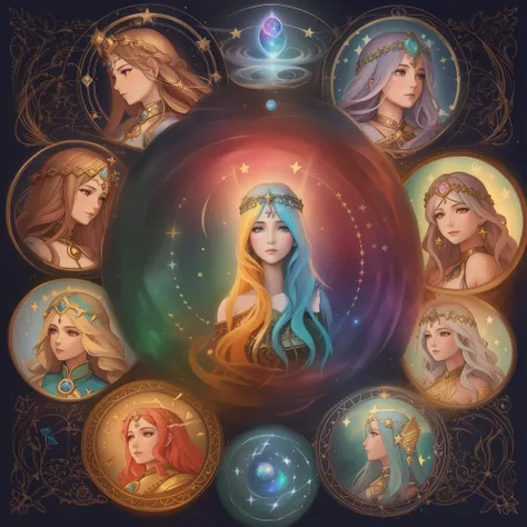 a painting of a group of women with long hair and a star, intricate wiccan spectrum, goddess of galaxies, goddess portrait, goddess art, earth goddess mythology, celestial goddess, portrait of a cosmic goddess, mythology artwork, divine cosmic female power...