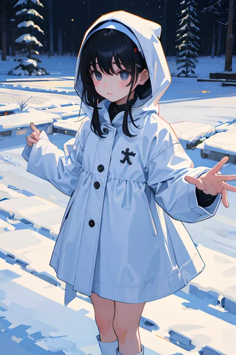 child，（​masterpiece，Highest Quality），snow field，A dark-haired