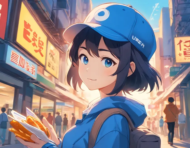 Logo-style illustration、Uber Eats Delivery Man、American comic、animesque、comics、comic strip、gag、Image Character、Unification of characters、Mascot character、humor、Blue bird hat