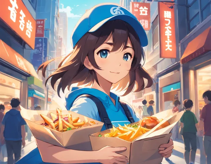 Logo-style illustration、Uber Eats Delivery Man、American comic、animesque、comics、comic strip、gag、Image Character、Unification of characters、Mascot character、humor、Blue bird hat