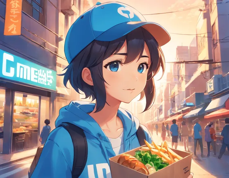 Logo-style illustration、Uber Eats Delivery Man、American comic、animesque、comics、comic strip、gag、Image Character、Unification of characters、Mascot character、humor、Blue bird hat