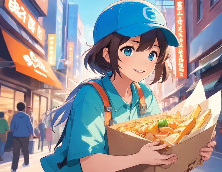 Logo-style illustration、Uber Eats Delivery Man、American comic、animesque、comics、comic strip、gag、Image Character、Unification of characters、Mascot character、humor、Blue bird hat