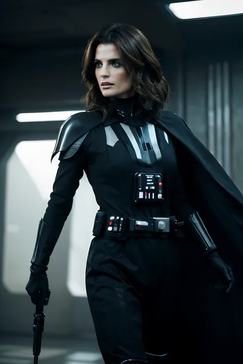 ((stana katic as darth vader in starwars, starwars movie scene, wearing sexy darth vader armor, walking)), (((show face))), (dyn...