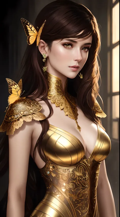 8k portrait of beautiful cyborg with brown hair, intricate, elegant, highly detailed, majestic, digital photography, art by artgerm and ruan jia and greg rutkowski surreal painting gold butterfly filigree, broken glass, (masterpiece, sidelighting, finely d...