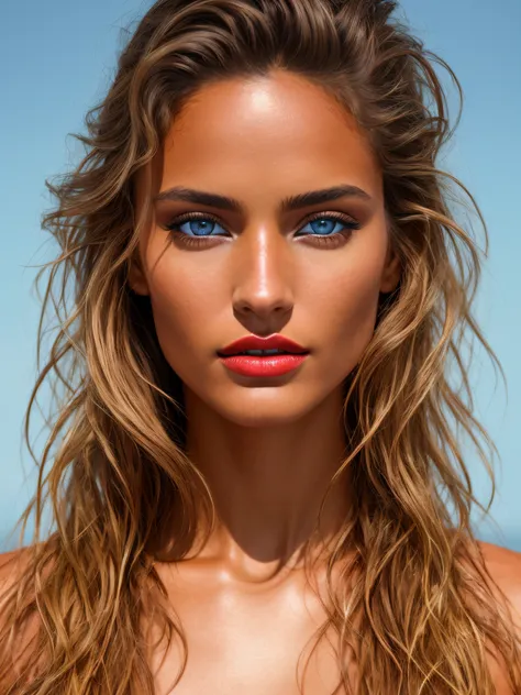 A photorealistic portrait of a stunningly beautiful tanned Brazilian female supermodel with light make-up, red lips, photo for the cover of a fashion magazine, extremely detailed light blue eyes, detailed symmetric realistic face, extremely detailed natura...