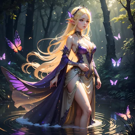 Game original art, 1 woman, (long fairy dress, neckline opening: 1.4), (shiny dress: 1.2), (shiny fairy wings: 1.3), front face, beautiful elf, medium breasts, beautiful eyes, delicate mouth, yellow hair, yellow clothes, pool, mysterious forest, distant tr...