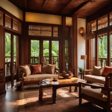 living room with wooden tables and chairs, peaceful wooden villa, wooden house, wooden furniture, wooden ceiling, interior, inside the building, inside the house in the village, luxury wooden house, interior view, home interior living room, view from insid...