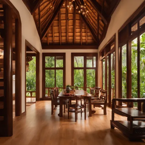 living room with wooden tables and chairs, peaceful wooden villa, wooden house, wooden furniture, wooden ceiling, interior, inside the building, inside the house in the village, luxury wooden house, interior view, home interior living room, view from insid...