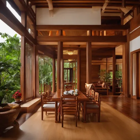 living room with wooden tables and chairs, peaceful wooden villa, wooden house, wooden furniture, wooden ceiling, interior, inside the building, inside the house in the village, luxury wooden house, interior view, home interior living room, view from insid...