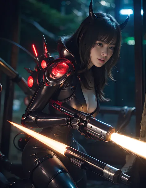 (Wearing a Devils Bodysuit)、top-quality、​masterpiece、超A high resolution、(Photorealsitic:1.4)、Raw photo、女の子1人、Fight mutants、glowy skin、(((1 Mechanical Girl)))、With a beautiful knife、（Green Metal Bodysuit）、（Fight fiercely against aliens）、Fight fiercely、(beau...