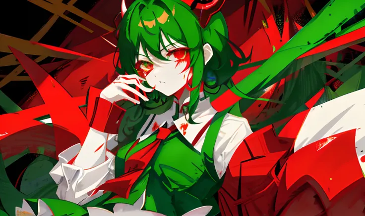 schoolgirls,Abstract background red and green gradient coiled hair,Pale green cheongsam,Heteropupil,Green-blue heteropupils，There are devils horns，There are no bright spots in the eyes，pouty，solo person，Blood splattered on hair and clothes