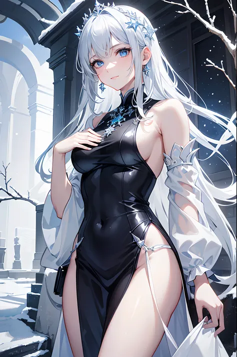 masterpiece, highlydetailed, ultra-detailed, cold, solo, (1girl), (pale skin), icyblue eyes, frosty white hair, cool Chara, flat face, young lady, lady chara, medium boobs, Arrogant, confident, cold face, goddess, cool kuudere girl, snowflakes, (Arabian ba...