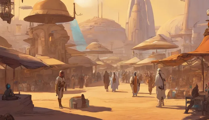 Planet Tatooine, The city, busy street, bar, People in beautiful outfits and expensive accessories, parked expensive cars, concept art by Magalie Villeneuve, trending on cg society, "Star Wars""": The Old Republic", concept art by Ralph McQuarrie