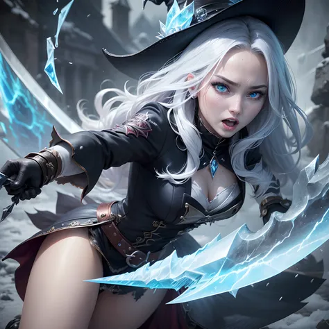 (Best Quality,Ultra-detailed,Realistic:1.37)、Witch Attacking with Ice Magic、An 18-year-old woman、(Sharp eyes:1.5)、Aggressive look、Stylish outfit、Shoot a blizzard from her hand、Full body