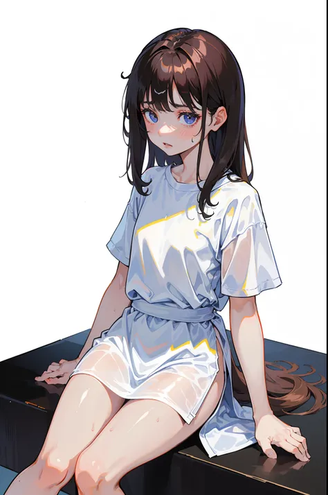 (tmasterpiece，Highest quality)，Knees，(Long T-shirt，onepiece)，Wet clothes，(simple background、White background:1.3)，((10-year-old girl，child))，worried