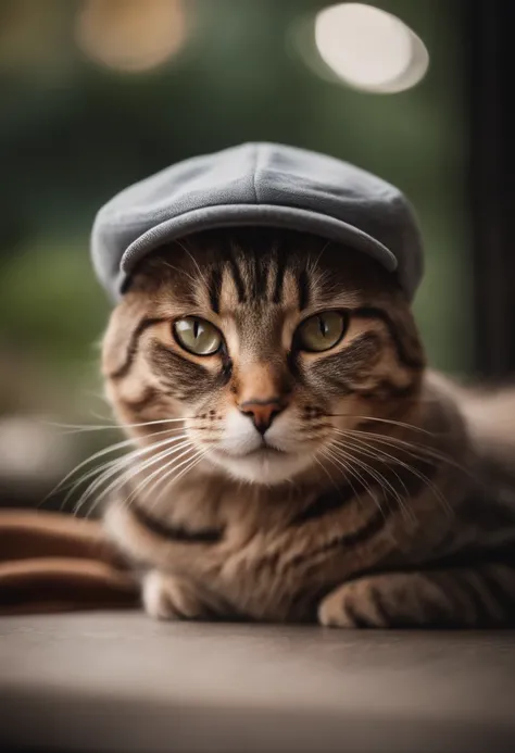 Portrait of a realistic cat wearing a cute cap