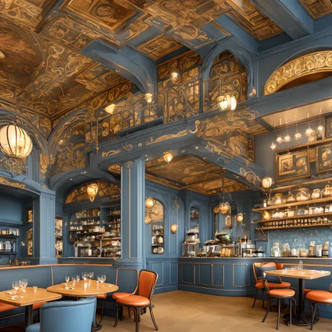 Sophisticated cafe, designed in art nouveau style, blue and orange colours, hyperrealistic, rusty looks