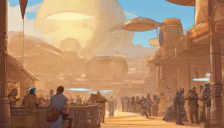 Planet Tatooine, The city, busy street, bar, crowd, One of the crowd waves his hand in greeting, concept art by Magalie Villeneuve, trending on cg society, "Star Wars""": The Old Republic", concept art by Ralph McQuarrie