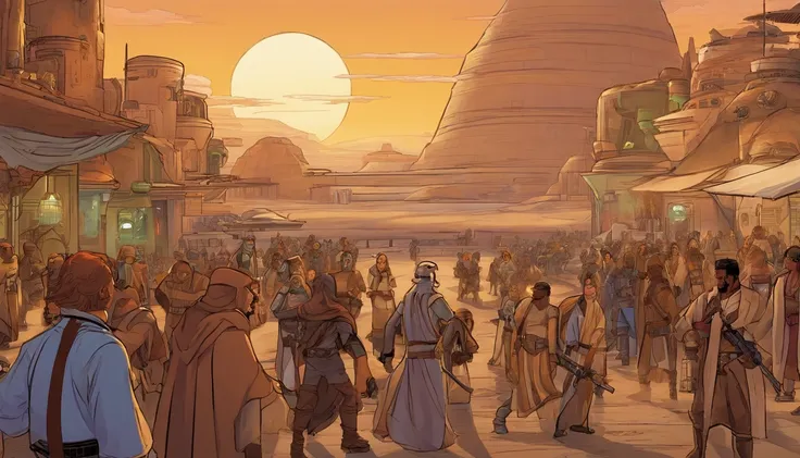 Planet Tatooine, The city, busy street, bar, crowd, One of the crowd waves his hand in greeting, concept art by Magalie Villeneuve, trending on cg society, "Star Wars""": The Old Republic", concept art by Ralph McQuarrie