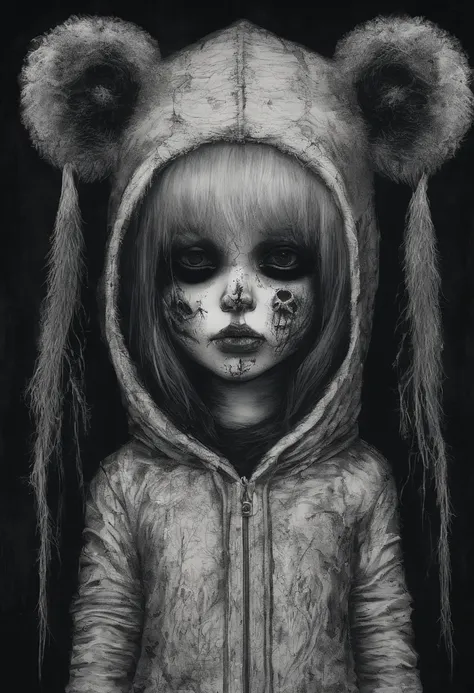 A six year old daughter with dark black hair and light black eyes wearing a teddy bear hoodie