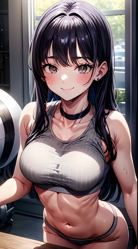 8k, highres, ultra detailed, (masterpiece:1.4), best quality, symmetrical body, adult woman, (Grey gym bra and panties with white stripe at the bottom:1.4), choker, cute, solo, earrings, long hair, dark purple hair, brown eyes, glow effect, finely eye deta...