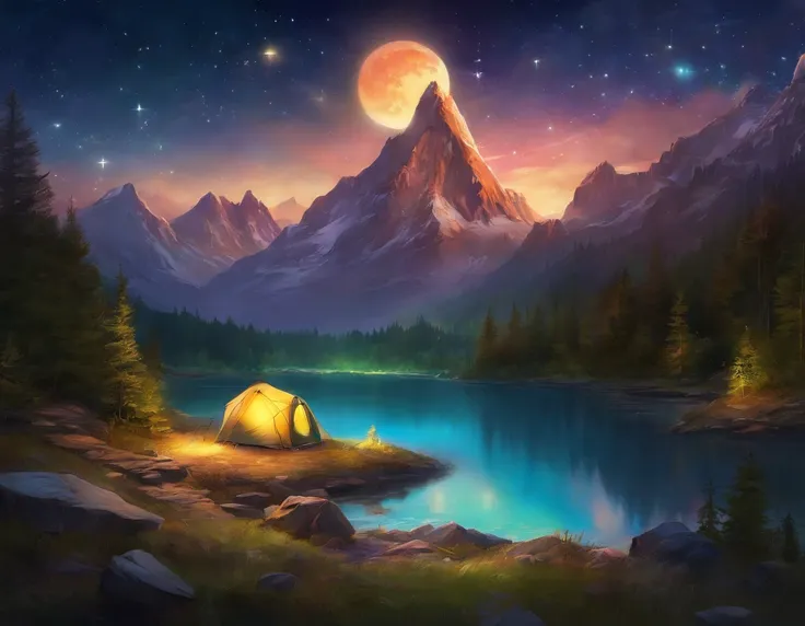 (best quality,highres,masterpiece:1.2),(ultra-detailed,realistic:1.37),outdoor camping,nature scene,star gazing,mountain view,beautiful night sky,moonlit night,serene atmosphere,glistening stars,starry night,full moon,backpacker,enjoying the view,peaceful ...