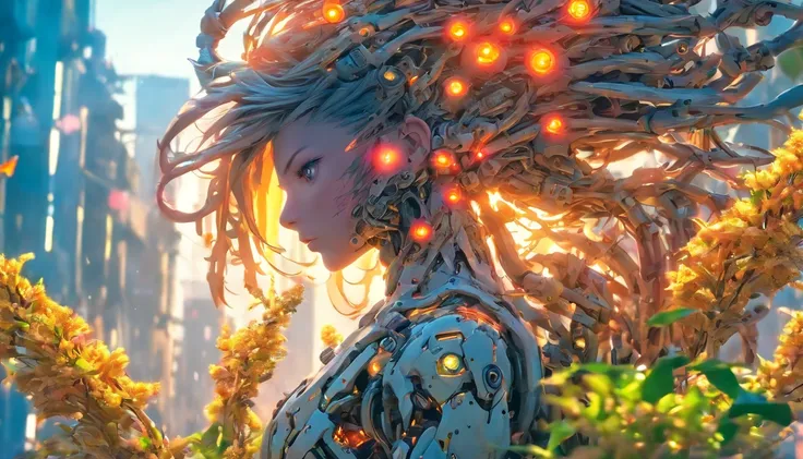 gorgeous botanical cyborg with dry flowers growing out of it, rustic:1.3 ,biomechanical  ((cyborg:1.3))automata, android, bokah diadem, damaged suit, dameged head, cracked glass, scratche screen,damned lands,yule heaven,biomechanical cyborg, 8k resoultion,...