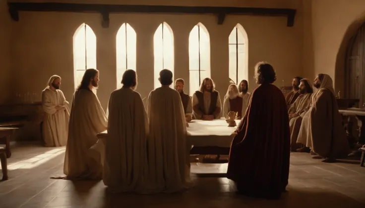 The eleven Apostles of Jesus gathered in a room of the Simple House, Back in Jerusalem after Jesus ascended to heaven. junto com eles algumas mulheres, personagens biblicos