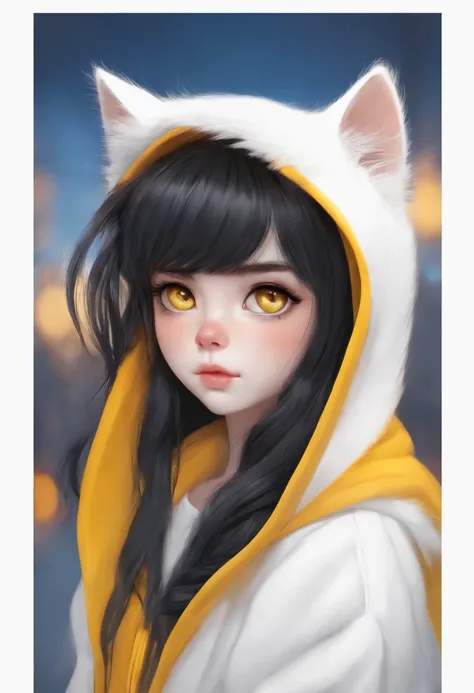 Furry Cat,1girl,white wool,black and white hair, black hair and white bangs, Yellow eyes, blue hoodie