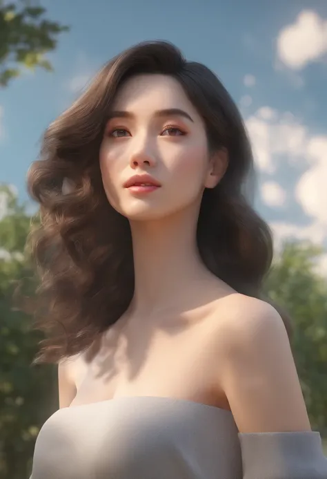 (masterpiece, best quality, ultra-realistic), showing the side face, (on_front:1.2), floating in the sky, (wavy hair:0.8), black hair, cloudy sky, sunlight, upper_body, off shoulder, day, girl around 25 years old, pretty girl