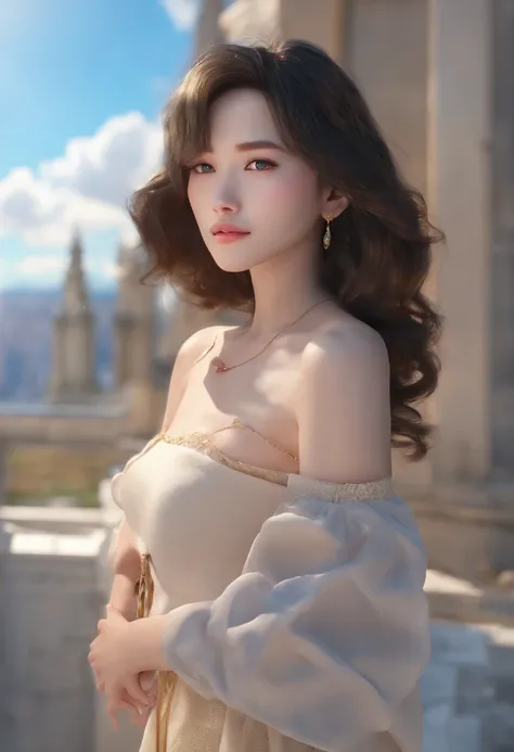 (masterpiece, best quality, ultra-realistic), showing the side face, (on_front:1.2), floating in the sky, (wavy hair:0.8), black hair, cloudy sky, sunlight, upper_body, off shoulder, day, girl around 25 years old, pretty girl