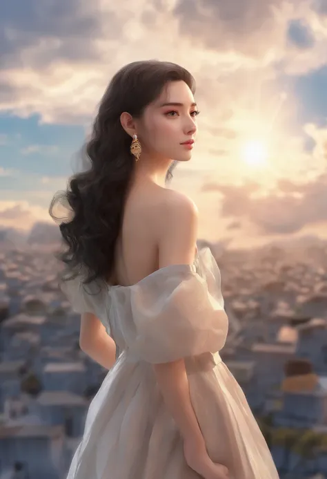 (masterpiece, best quality, ultra-realistic), showing the side face, (on_front:1.2), floating in the sky, (wavy hair:0.8), black hair, cloudy sky, sunlight, upper_body, off shoulder, day, girl around 25 years old, pretty girl