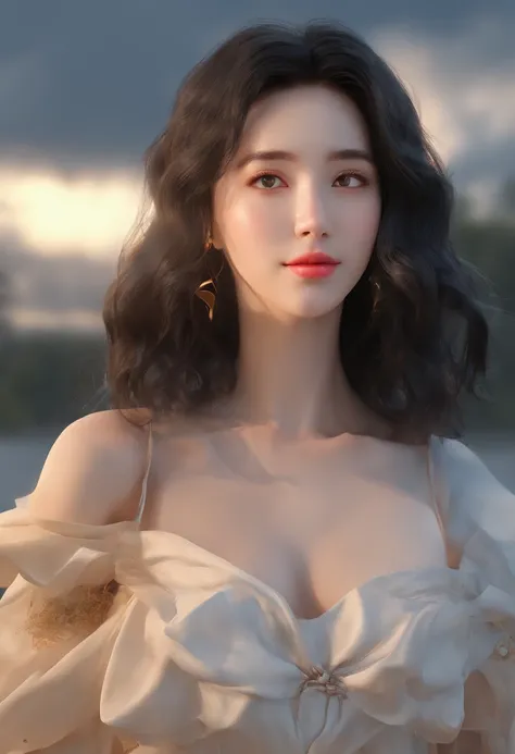 (masterpiece, best quality, ultra-realistic), showing the side face, (on_front:1.2), floating in the sky, (wavy hair:0.8), black hair, cloudy sky, sunlight, upper_body, off shoulder, day, girl around 25 years old, pretty girl