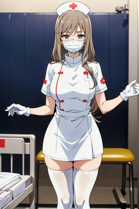 shimada_chiyo, long hair, light brown hair, hair over shoulder, solo, nurse, ((white nurse cap, white nurses outfit)), ((white legwear, zettai ryouiki)), white gloves, ((white surgical mask, covered nose)), standing, hospital room, sharp outline, short sle...