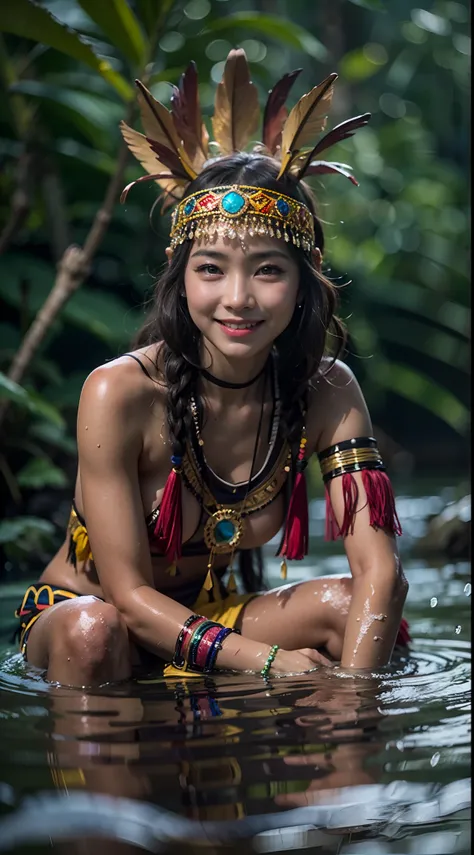 1 Borneo Tribal Girl, Wearing tribal headdresses and accessories, Sitting naked in the river bathing, Show vagina and breasts, Hyper realistic, Lifelike texture, Dramatic Lighting, nikon RAW photo, 8K, FUJI XT3,Citrine Dream Mix, masutepiece, Best Quality,...