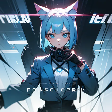 girl with,a short bob,blazers,a cool,Nekomimi,lightblue hair,Digital World,cyberpunked